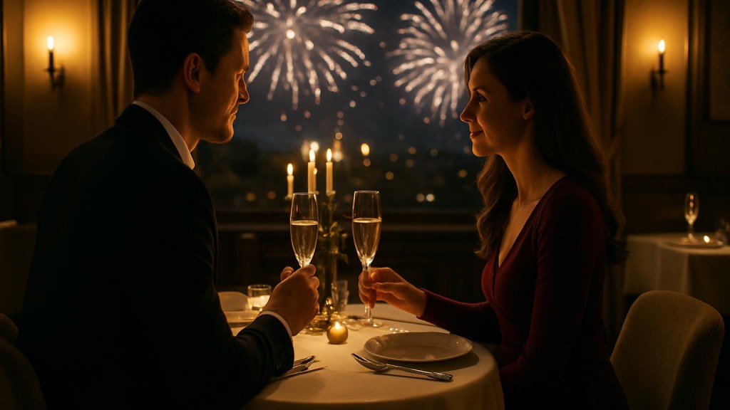 Capodanno romantico a Perugia: hotel, cena e idee per coppie Coppia durante una cena romantica di Capodanno
