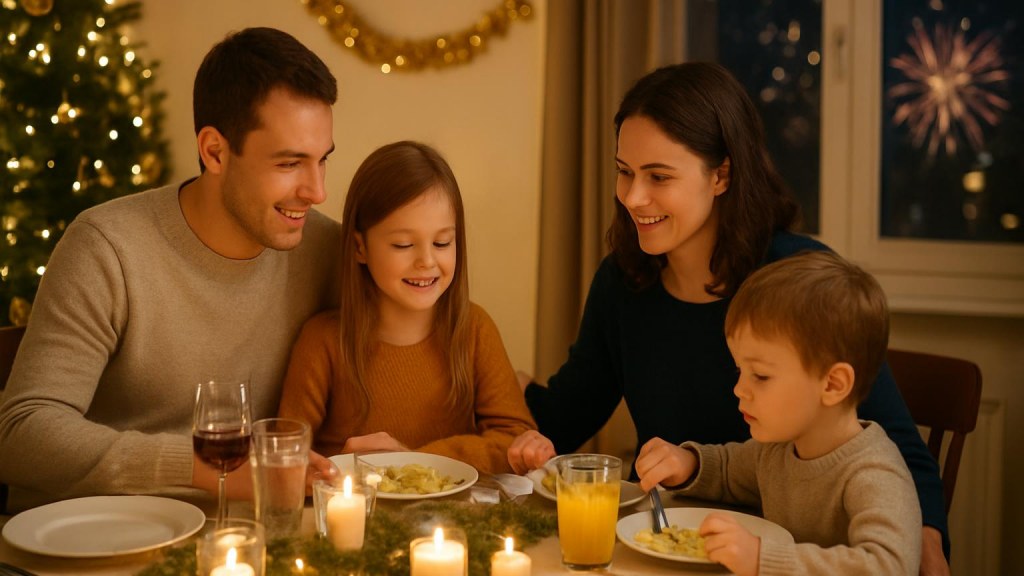 Famiglia con bambini in ambiente accogliente per Capodanno